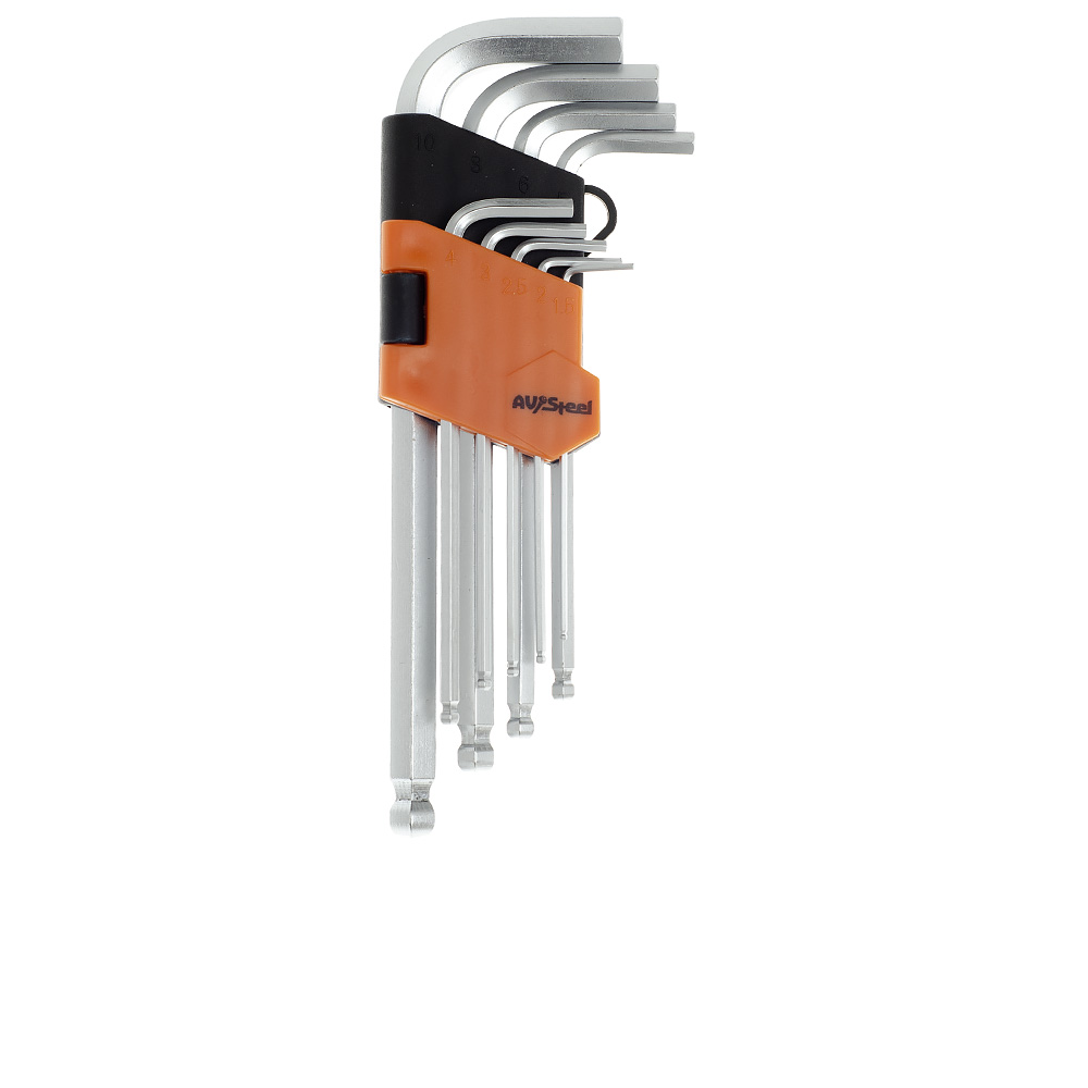 набор ключей Г-образных HEX с шаром удлиненных 1,5-10 мм AV Steel 9 предметов