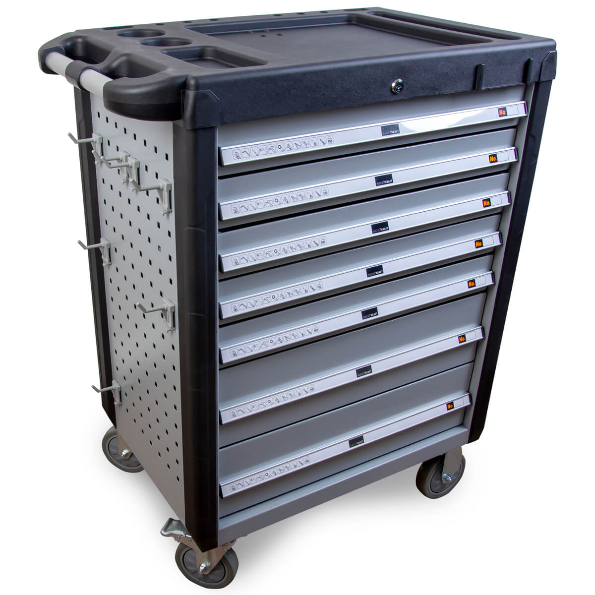 WDK-707 "Инструментальная тележка Кол-во ящиков: 7 шт. (1 глубокий)Тип направляющих: роликовый Фиксация колес: ножной тормоз Центральный замок. Общая нагрузка: 350kgТолщина используемого металла: 1.0-1.5mmГабаритные размеры: 800*470*900mmВес: 60kg