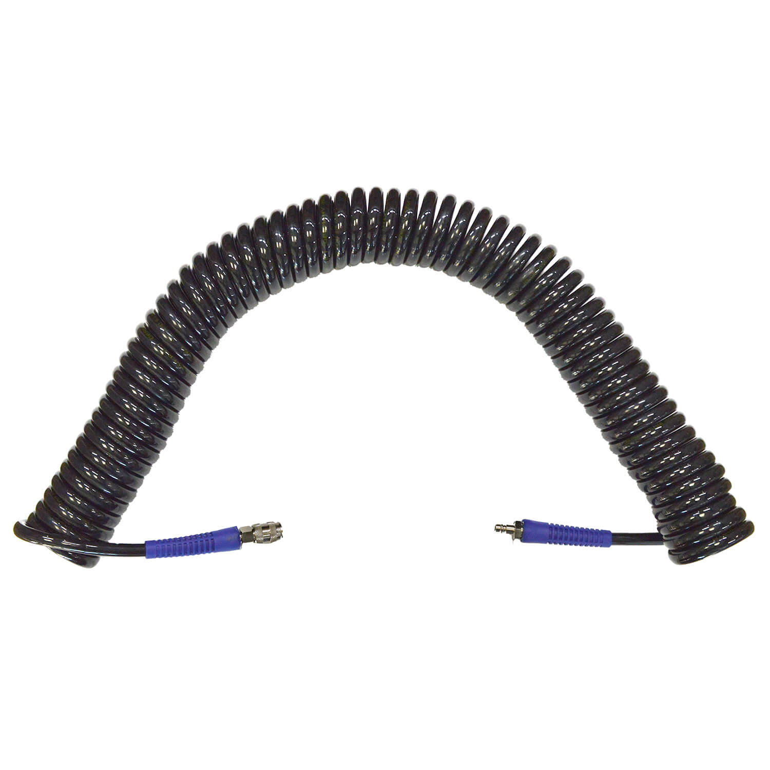 WDK-65815 Шланг пневматический полиуретановый с фитингами БРС. Витой, длина до 15метров, 10*14мм, рабочее давление 135PSI (10бар). Кратковременное давление до 800PSI. Цвет черный